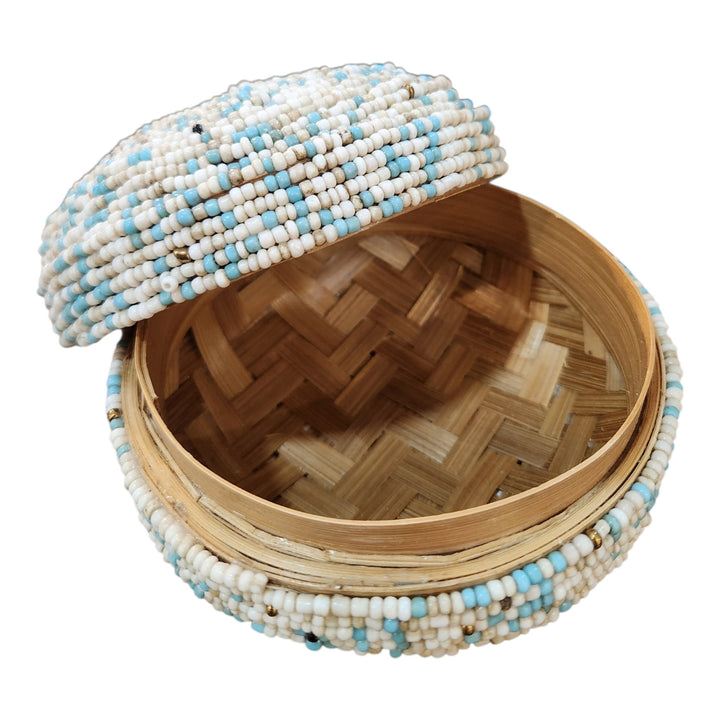 COFRE TEJIDO Y CUENTAS 12X12X8CM COD:110825